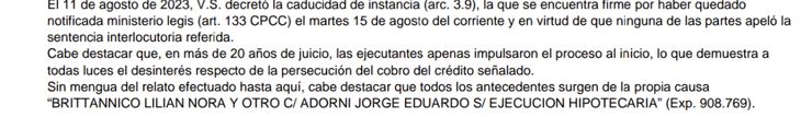 Facsímil del escrito ingresado en la justicia civil por el abogado de los hermanos Adorni en el trámite de la ejecución hipotecaria del departamento que les legó el padre de ambos. 