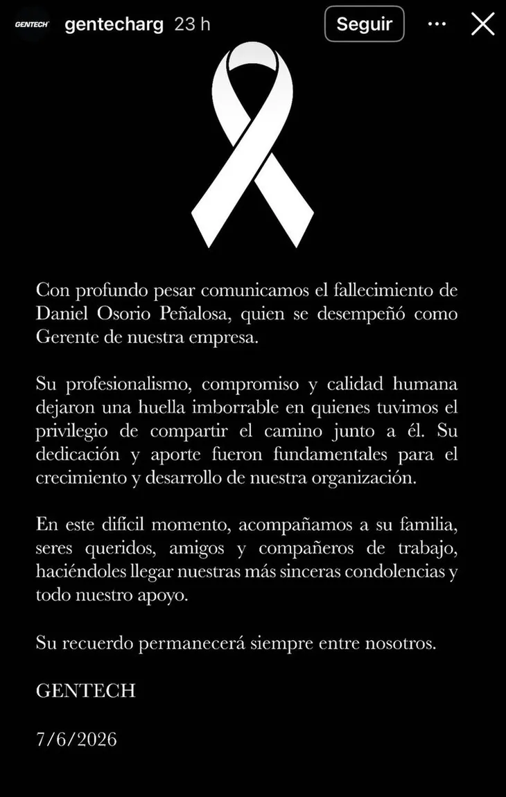 El comunicado de GenTech luego de la muerte de uno de sus directivos. El comunicado de GenTech luego de la muerte de uno de sus directivos.
